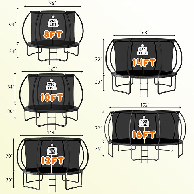 Trampoline 12FT 14FT 15FT 16FT for Kids/Adults - Outdoor Recreational with Enclosure Net Curved