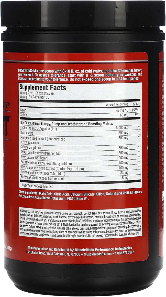 MuscleMeds Nitrotest Pre-Workout Supplement Drink, Boost Nitric Oxide, Testosterone, Blue