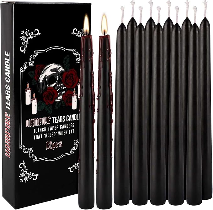 12PCS 10-Inch Black Bleeding Taper Candles,Vampire Tears Taper Candles- Unscented Ideal for
