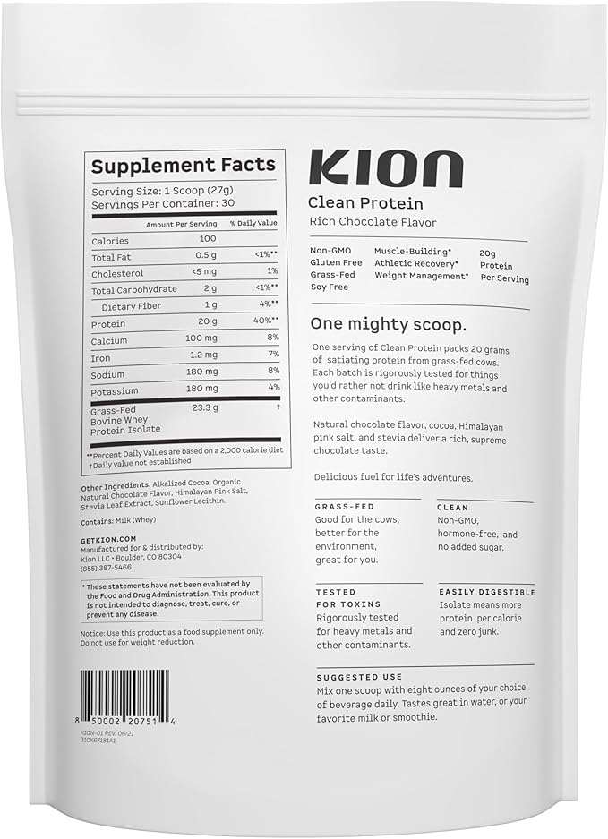 Kion Clean Protein | Grass-Fed & Pasture-Raised Whey Isolate Protein Powder | Rich Chocolate | 30