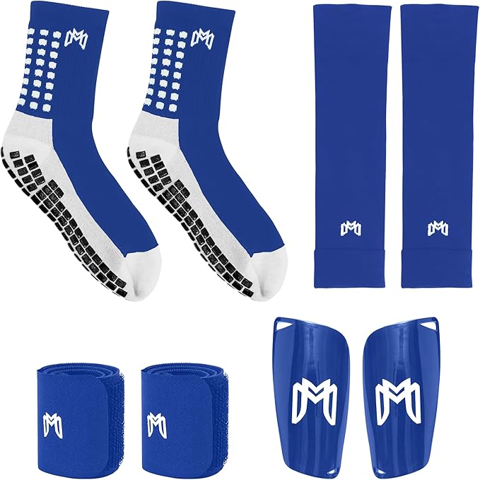 Soccer Grip Socks, Shin Guards, Pre Cut Sock Sleeves, and Guard Straps Bundle Pack - Essential
