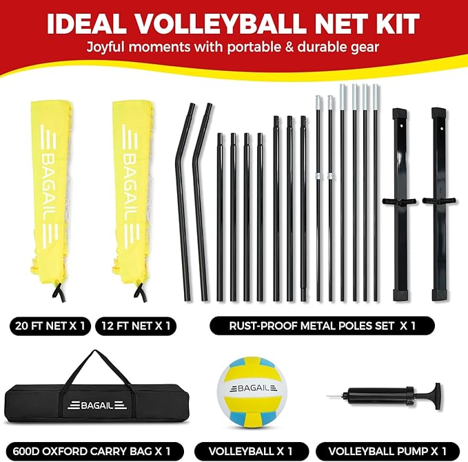 BAGAIL Volleyball Net, 12ft/20ft Portable Volleyball Net for Backyard - Adjustable Height