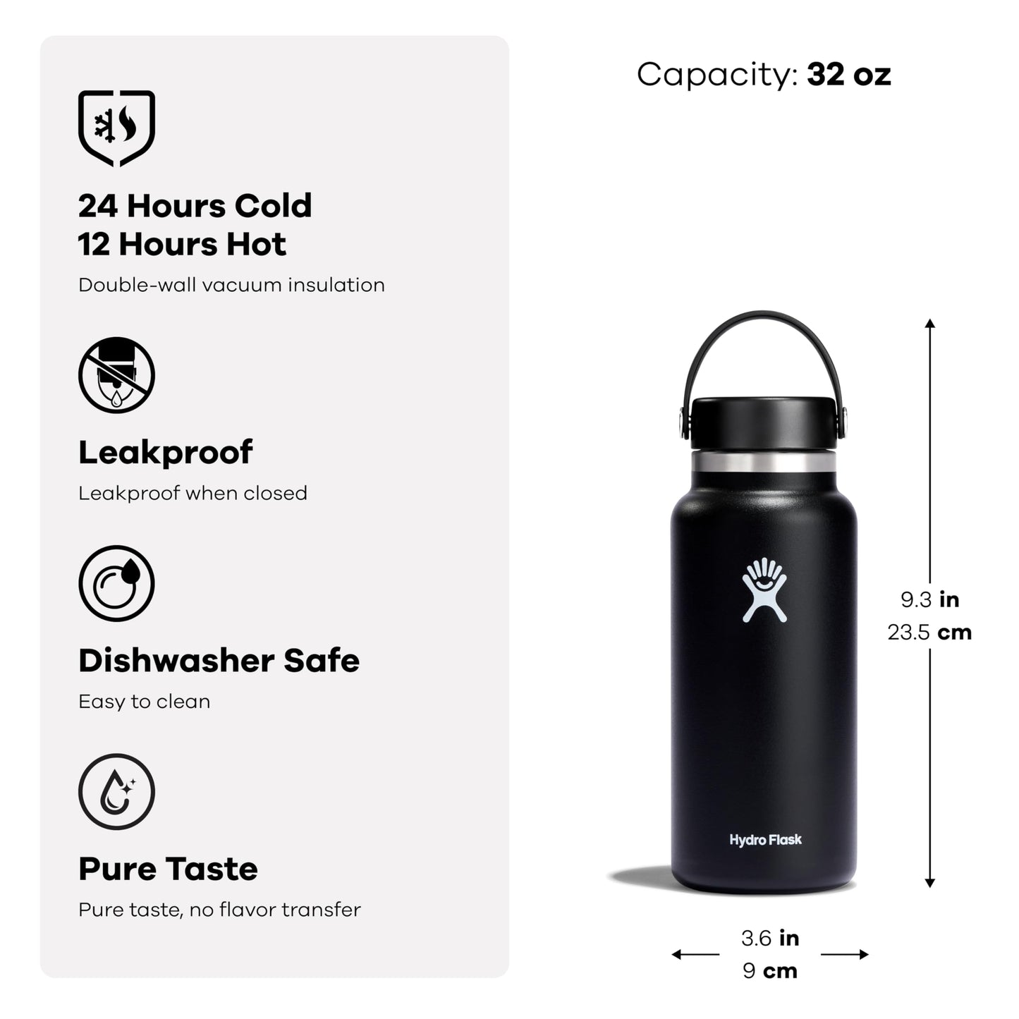 Hydro Flask Water Bottle - Insulated Stainless Steel - Wide Mouth Flex Lid, Non Spill, Leakproof