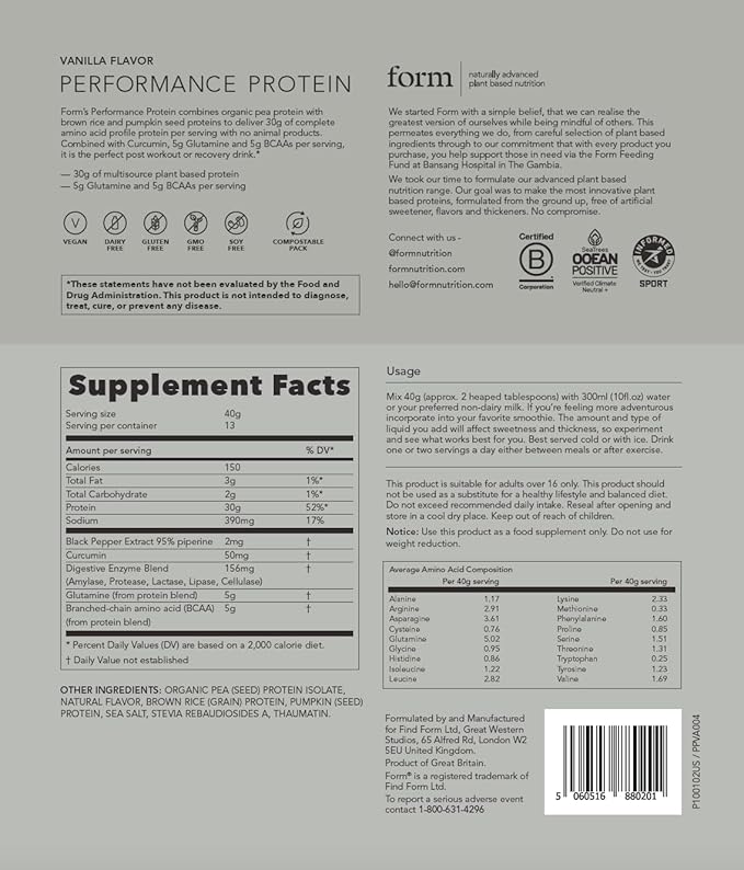 Form Performance Protein - Vegan Protein Powder - 30g of Plant Based Protein per Serving, with