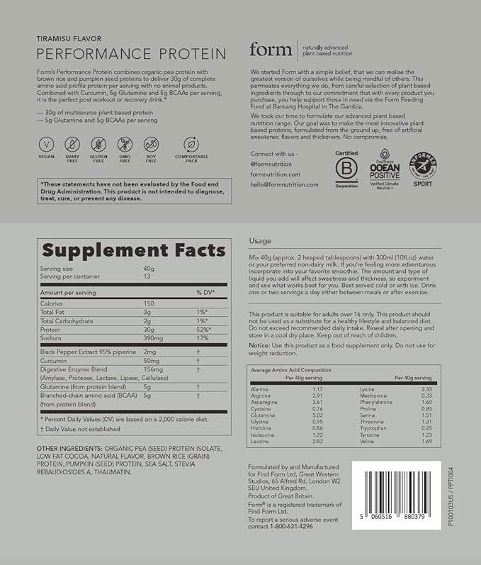 Form Performance Protein - Vegan Protein Powder - 30g of Plant Based Protein per Serving, with