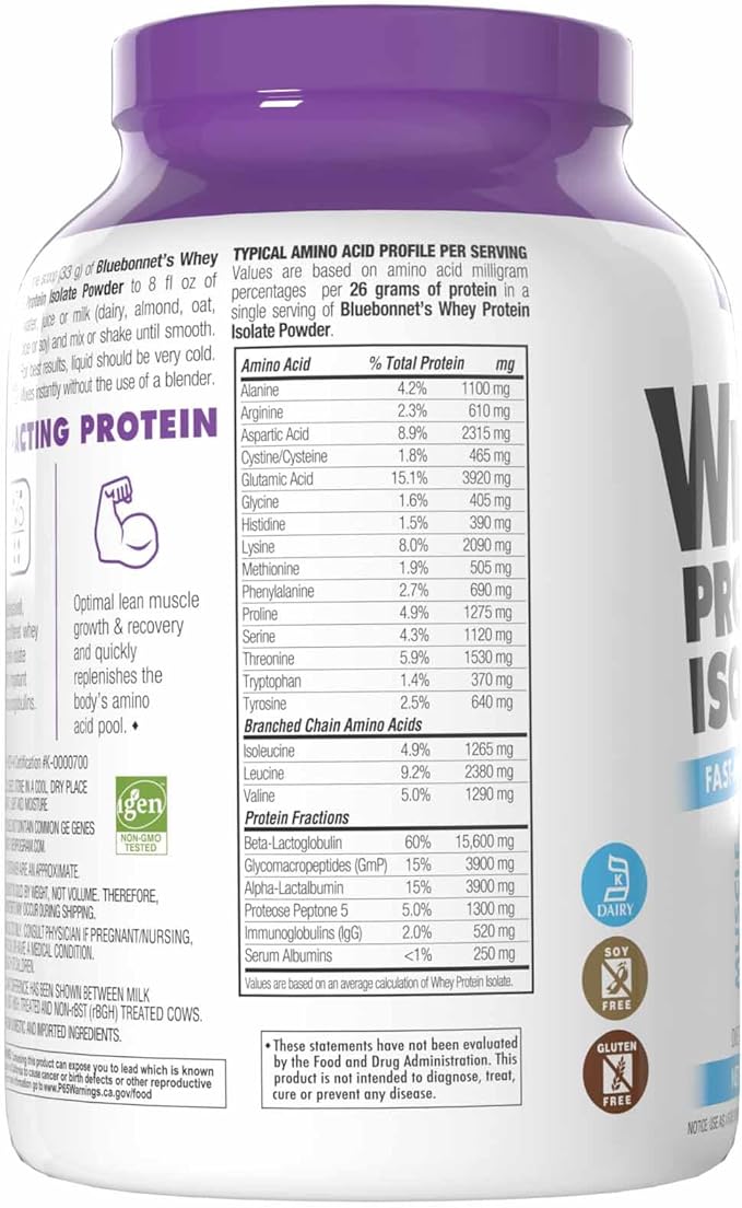 BlueBonnet Nutrition Whey Protein Isolate Powder From Grass Fed Cows, 26g of Protein, No Sugar