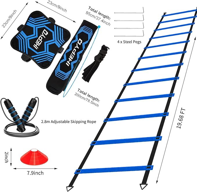 Soccer Agility Training Equipment Set, 12 Rung 20Ft Agility Ladder, 12 Disc Cones, 4 Steel Stakes
