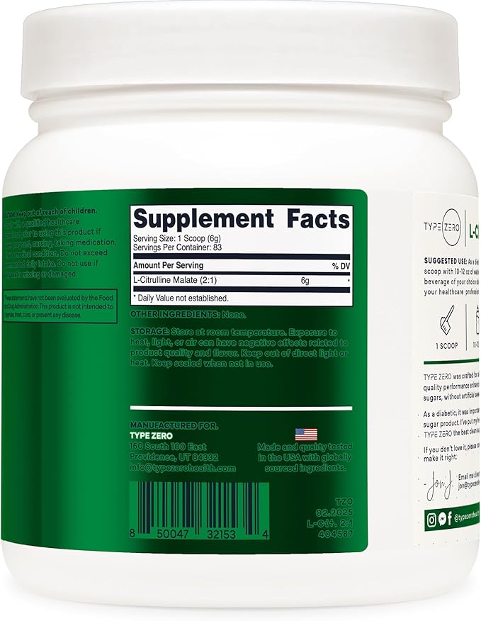 Type Zero Clean L-Citrulline Malate 2:1 Powder Drink Mix (500g, Unflavored) (83 Servings) - Keto