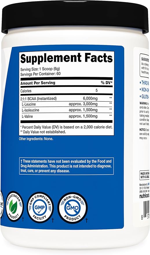 Nutricost BCAA Powder 2:1:1 (Unflavored, 60 Servings) - Vegetarian, Non-GMO, Gluten Free, Branched