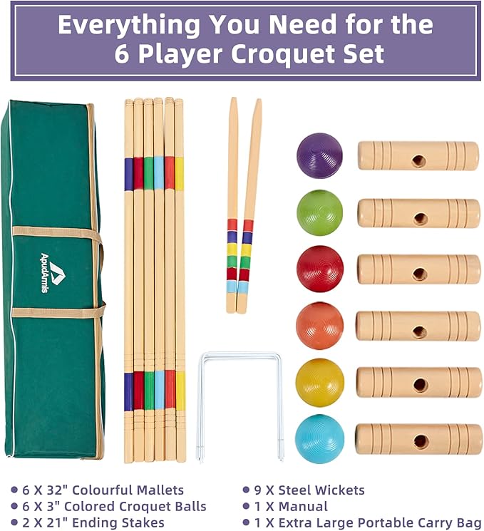 ApudArmis 32In Six Player Croquet Set with Deluxe Premiun Pine Wooden Mallets,Colored