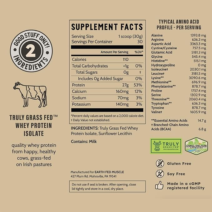 Earth Fed Muscle Truly Buff Truly Grass Fed Whey Protein Isolate - No Artificial Ingredients, Soy