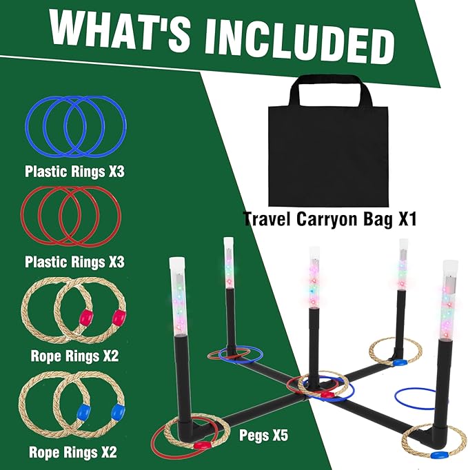 OUTTOY Outdoor Yard Games for Adult and Family, Led Ring Toss Games for Kids, Glow in The Dark