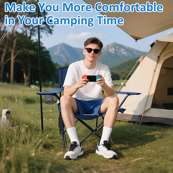 Folding Camping Chair, 225lb Capacity, Includes Cup Holder & Side Storage Bag, 5.5lbs Portable for