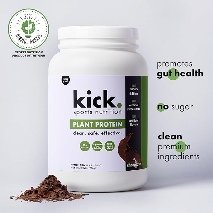 Kick Plant Protein Powder, Chocolate Flavor, 20 G Protein, Gluten Free Workout Supplement with