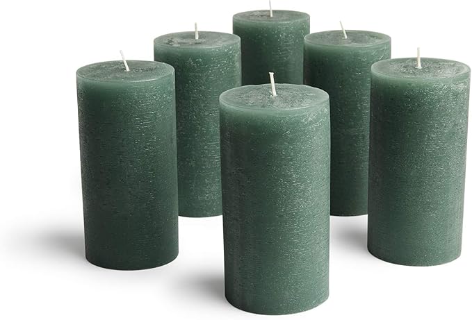 Mottled Pillar Candles by Bask - Set of 6-3" x 6" Dripless Unscented Candles in Dark Green for Home