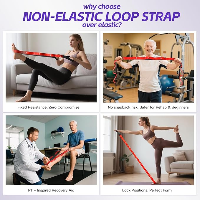 Stretching Strap with Loops - Non Elastic Yoga Straps for Physical Therapy, Durable Stretch Bands