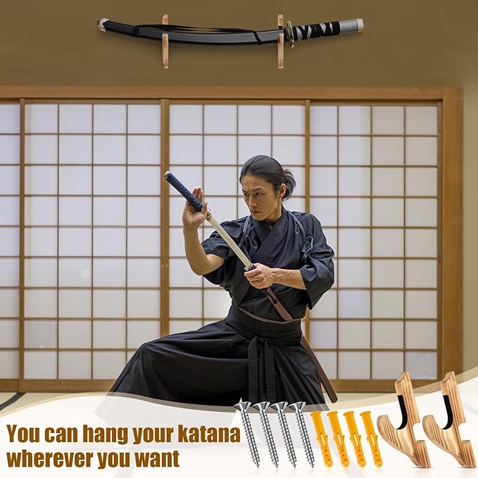 Chunful 2 Pcs Sword Wall Mount Sword Holder Katana Stand 1 Tier Hanger Adjustable Wooden Mounts for