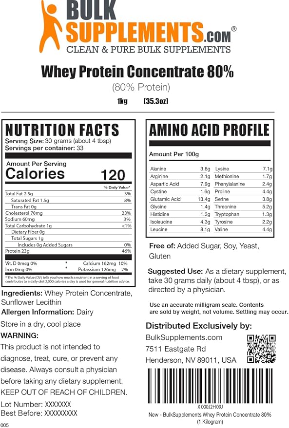 BulkSupplements.com Whey Protein Concentrate Powder - Whey Protein Powder Supplement, Unsweetened
