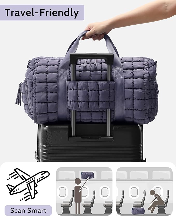 Quilted Duffel Bag for Women, Puffer Gym Duffle Bag with Shoe Compartment Lightweight Large