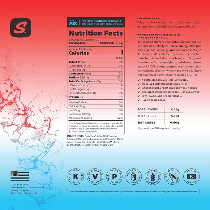 Keto Chow SALTT Electrolytes Powder Packets, Red White & Bam (30 Hydration Packets) - Magnesium