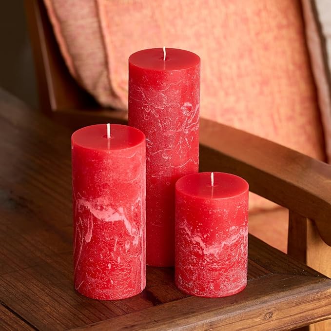 Simply Soson 3x4, 3x6, 3x8 inch Red Pillar Candles, Set of 3 Pillar Candles, Rustic Texture