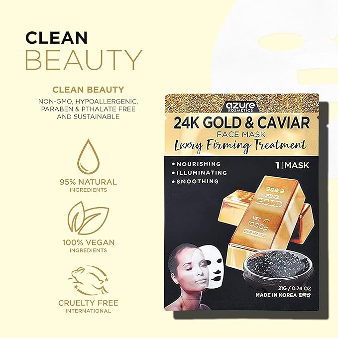 AZURE 24K Gold and Caviar Anti Aging Luxury Face Mask - Hydrating & Firming Facial Mask - Helps