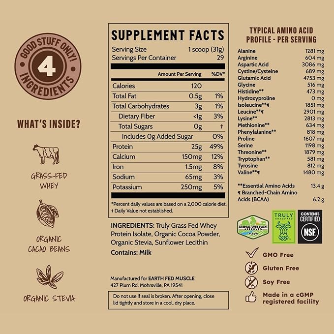 Earth Fed Muscle Chocolate Shakeup Truly Grass Fed Whey Protein Isolate NSF-Certified. No