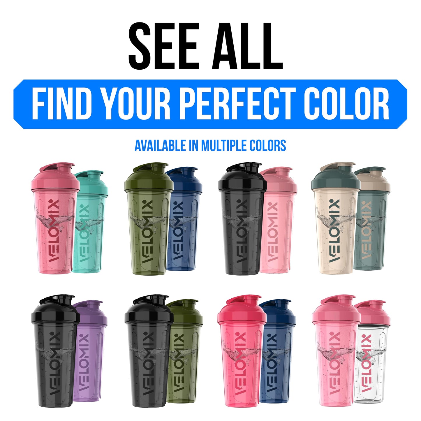 VELOMIX 2 Pack 28oz Protein Shaker Bottle for Protein Mixes, Blue/Green