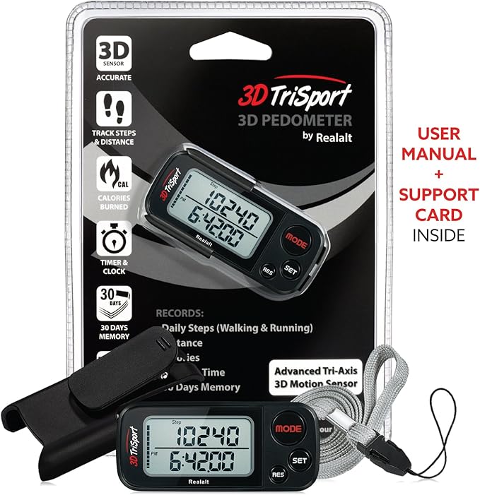 3DTriSport Walking 3D Pedometer with Clip & Strap, eBook Included | 30 Days Memory, Accurate Step