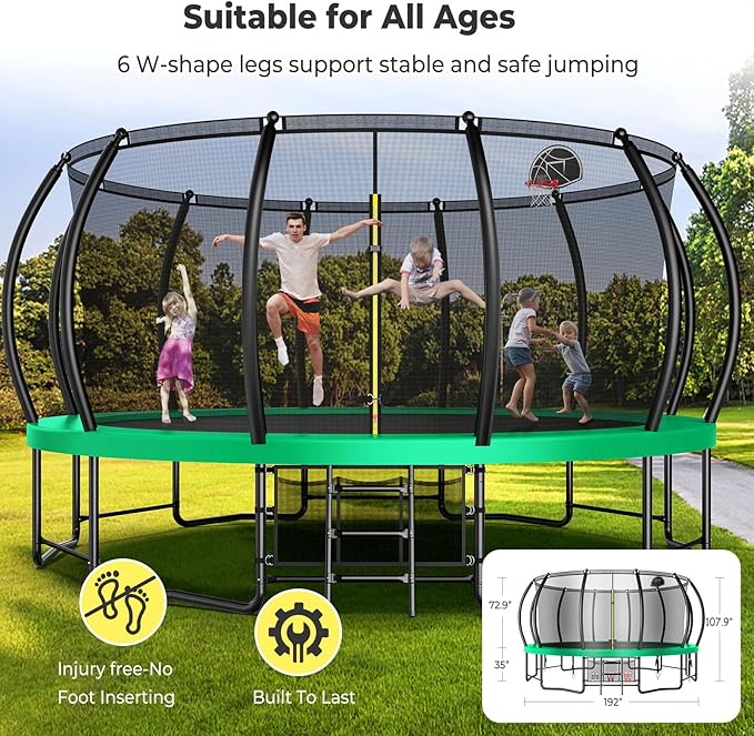 12 14 15 16FT Trampoline Outdoor with Basketball Hoop, Trampoline with Lights for Kids and Adults