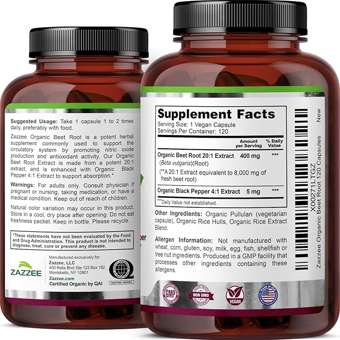 Zazzee USDA Organic Beet Root 8000 mg Strength 20:1 Extract, 120 Vegan Quick Release Capsules