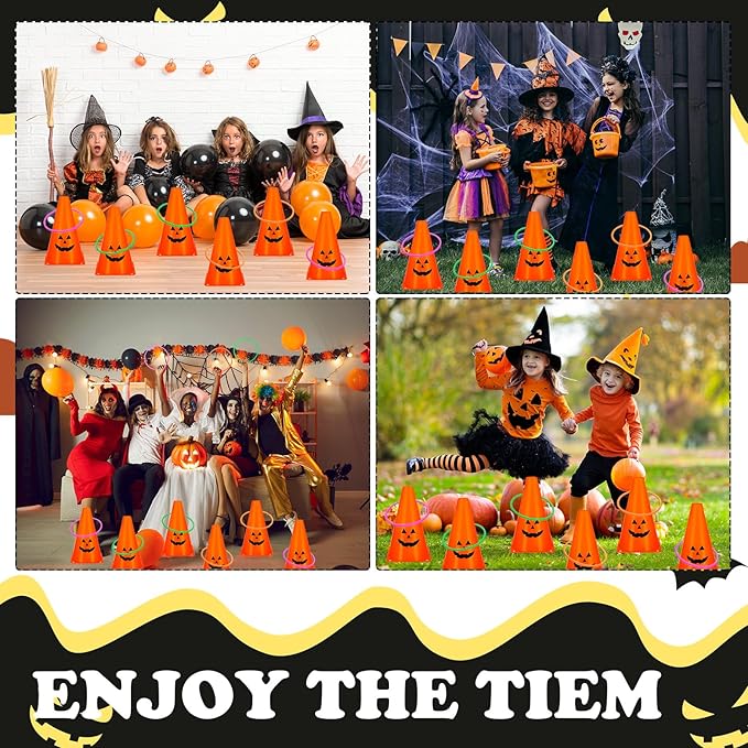 24 PcsHalloween Ring Toss Game Outdoor Carnival Party Games Include 6 Plastic Cones 18 Toss Rings