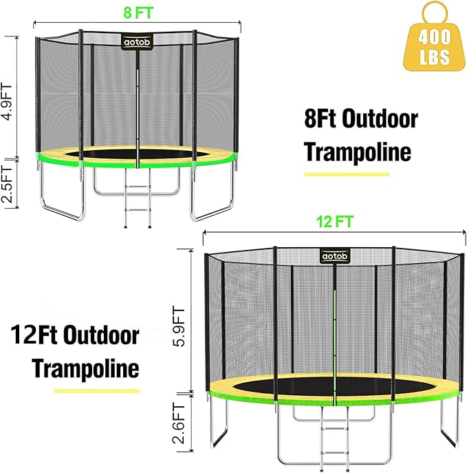 AOTOB 8FT 10FT 12FT 14 FT 15FT Trampoline with Safety Enclosure Net,Outdoor Trampoline with