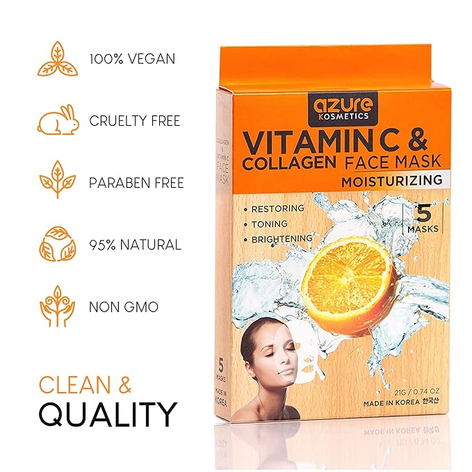Azure Cosmetics Vitamin C & Collagen Face Mask - Dermatologist Tested, Anti Aging, Hydrating &
