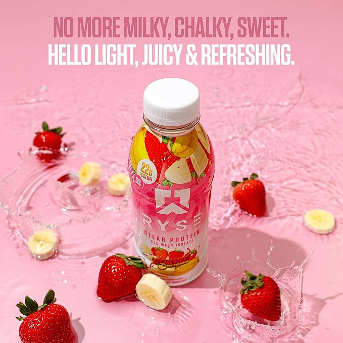 RYSE Clear Protein Shake - Strawberry Banana - 100 Calories, 22g Whey Isolate Protein, Sugar-Free