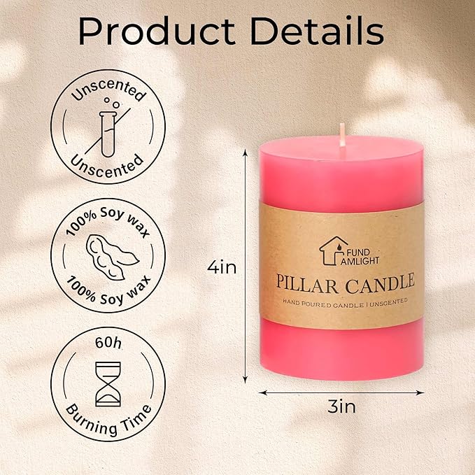 3x4 Inch Pink Pillar Candles Set of 3-Decorative Unscented Pillar Candle, Long Burning Dripless