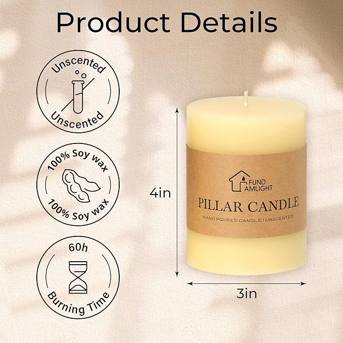 3x4 Inch Ivory Pillar Candles Set of 3 - Decorative Unscented Pillar Candles, Long Burning Dripless
