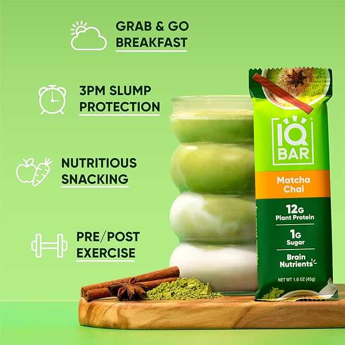 IQBAR Brain and Body Plant Protein Bars - Matcha Chai - 36-Count Low Carb - Gluten Free, High