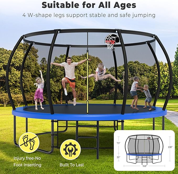 12 14 15 16FT Outdoor Trampolines for Kids and Adults, Pumpkin Trampolin with Curved Poles