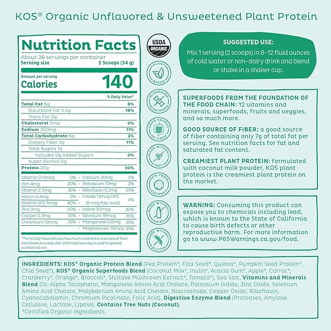 KOS Vegan Protein Powder, Unflavored & Unsweetened - Low Carb Pea Protein Blend, Organic Superfood