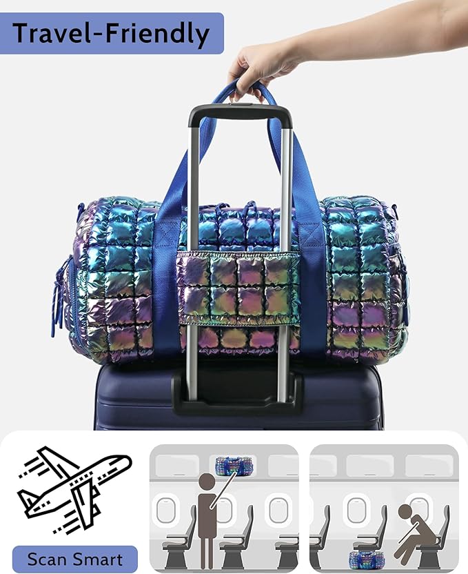 Quilted Duffel Bag for Women, Puffer Gym Duffle Bag with Shoe Compartment Lightweight Large