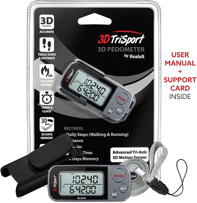 3DTriSport Walking 3D Pedometer with Clip & Strap, eBook Included | 30 Days Memory, Accurate Step