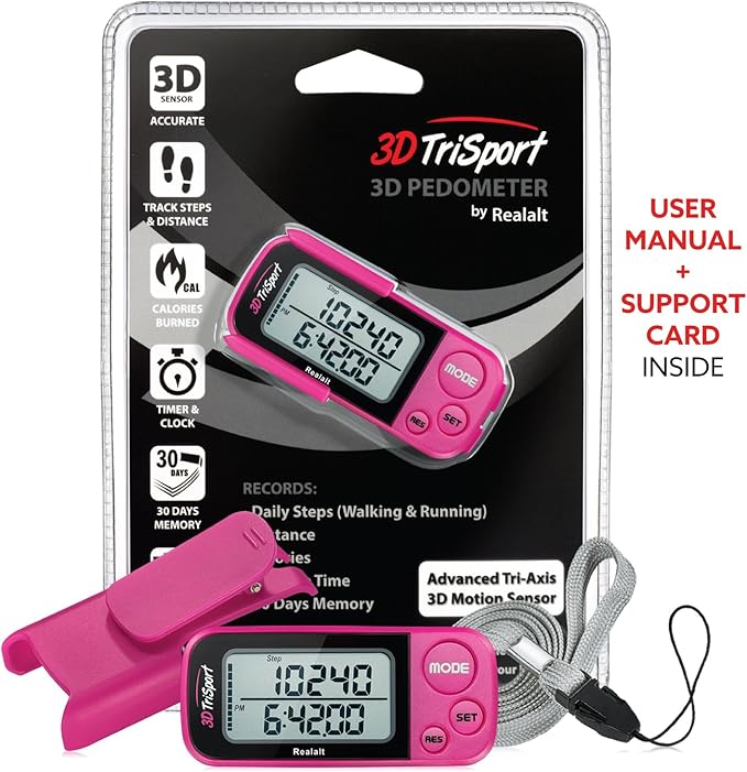 3DTriSport Walking 3D Pedometer with Clip & Strap, eBook Included | 30 Days Memory, Accurate Step