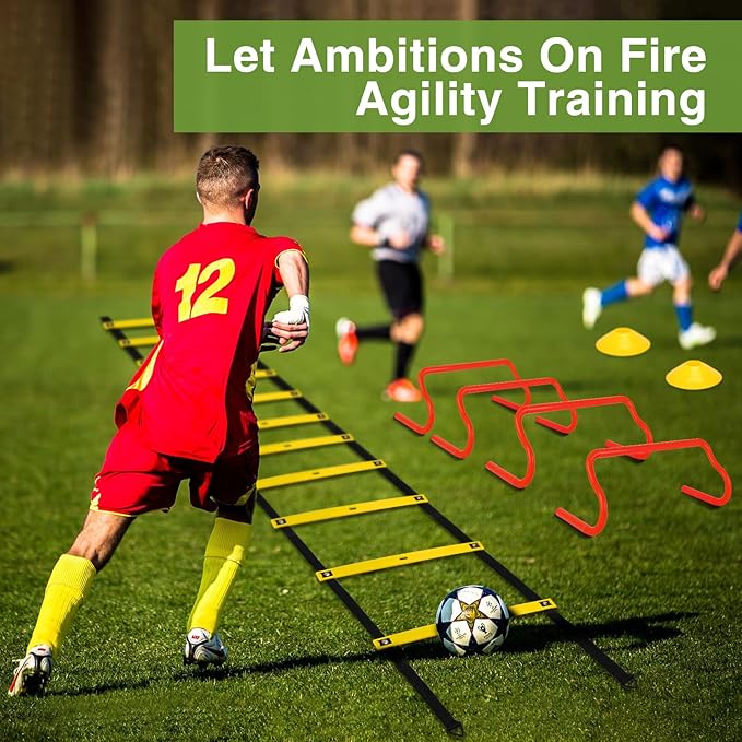 Agility Ladder Training Equipment Set - Agility Ladder(12 Rungs/20ft), 4 Speed Hurdles, 12 Training