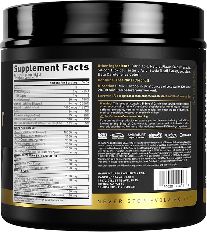 Kaged Pre Workout Powder Pre-Workout Elite for Men & Women, High Stimulant for Energy, Focus
