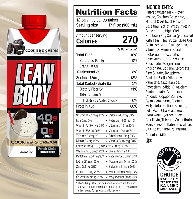 Lean Body Ready-to-Drink Cookies and Cream Protein Shake, 40g Protein, Whey Blend , 0 Sugar, Gluten