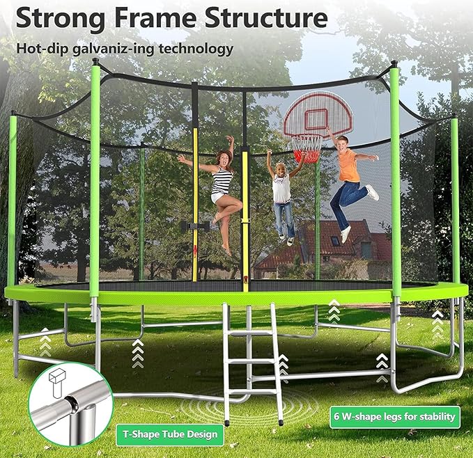 Upgraded 16FT 15FT 14FT 12FT 10FT 8FT Trampoline Outdoor with Basketball Hoop and Net, Capacity for