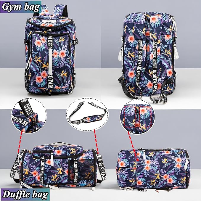 Gym Duffle Bag Backpack with Shoe Compartment,4 ways Travel Backpack for Women and