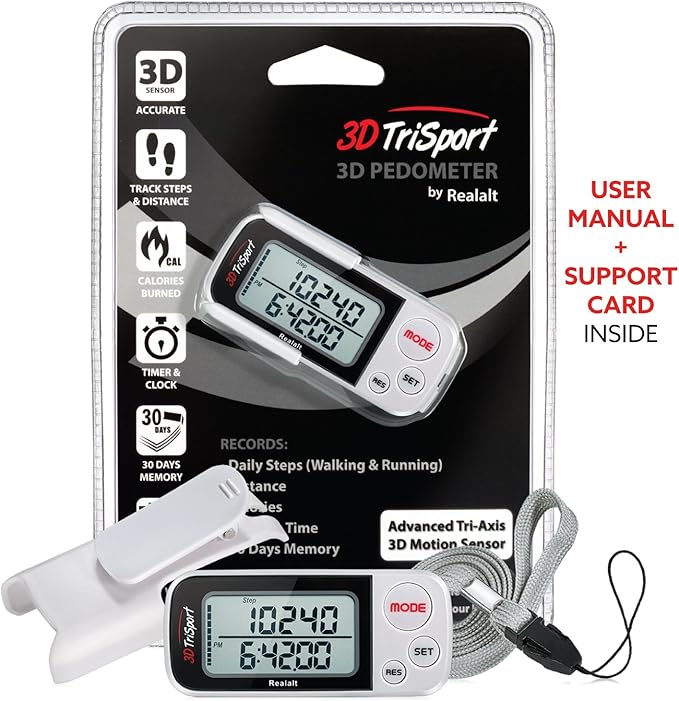 3DTriSport Walking 3D Pedometer with Clip & Strap, eBook Included | 30 Days Memory, Accurate Step