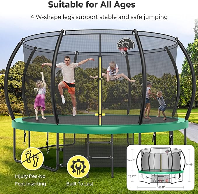 12 14 15 16FT Trampoline Outdoor with Basketball Hoop, Trampoline with Lights for Kids and Adults